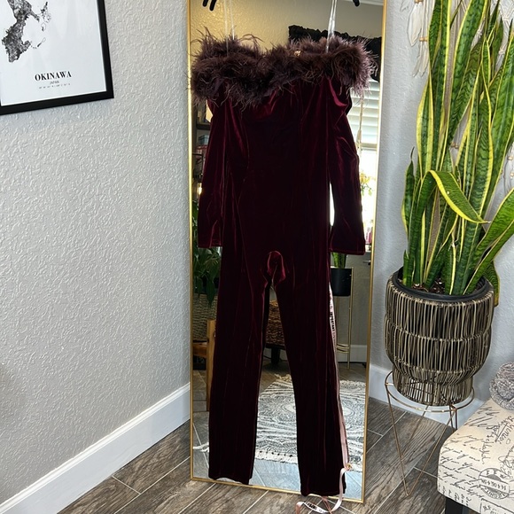 House of CB 'Salima' Dark Cherry Velvet Feather Jumpsuit NWT